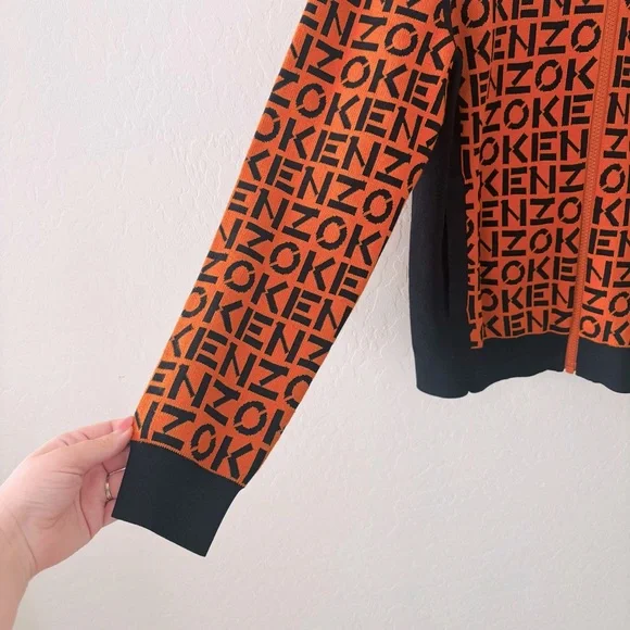 KENZO Monogram Print Flashy Colorful Designer Bomber Jacket In Orange Navy Blue - Picture 4 of 7